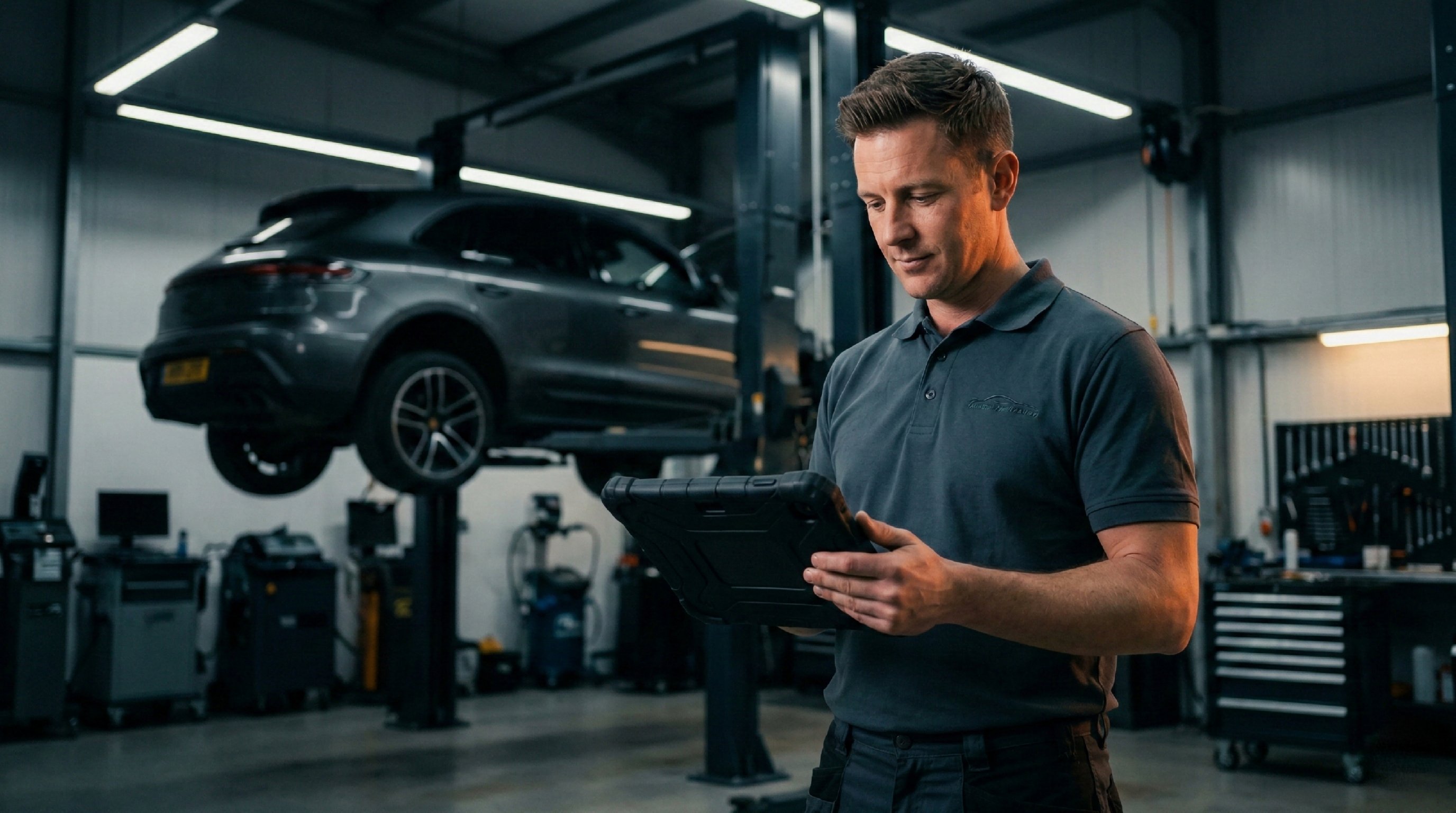 Jefe de taller consultando una tablet frente a un elevador con un coche